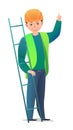 Little boy in overalls. Teen Handyman, locksmith or repairman. Cheerful person. Standing pose. Cartoon comic style flat