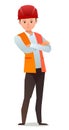 Little boy in overalls. Teen Handyman, locksmith or repairman. Cheerful person. Standing pose. Cartoon comic style flat