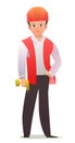 Little boy in overalls. Teen Handyman, locksmith or repairman. Cheerful person. Standing pose. Cartoon comic style flat