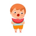 Little Boy with Overweight and Body Fat Holding Watermelon Slice Overeating Vector Illustration