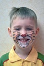 A little boy with a painted face in the form of a tiger. Smiles. Royalty Free Stock Photo