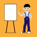 Little boy is painting on paper with hand holding paint brush isolated on background. Vector illustration in cartoon character Royalty Free Stock Photo