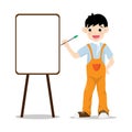 Little boy is painting on paper with hand holding paint brush isolated on white background. Vector illustration in cartoon Royalty Free Stock Photo