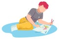 Little boy painting picture on paper lying on floor vector flat illustration. Creative children enjoying drawing