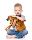 Little boy patting dog head. isolated on white background Royalty Free Stock Photo