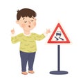 Little Boy Pedestrian Learning Road Sign and Traffic Rule Vector Illustration