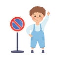 Little Boy Pedestrian Learning Road Sign and Traffic Rule Vector Illustration