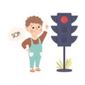 Little Boy Pedestrian Learning Road Sign and Traffic Rule Vector Illustration