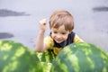 A little boy picks a watermelon at the market by tapping his fist