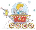 Little boy piloting a toy lunar rover