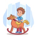 Little boy play combing toy rocking horse mane