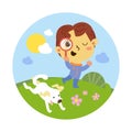 Little boy play with dog in meadow. Everyday affairs. Health and rest. Cute cartoon character. Vector illustration for Royalty Free Stock Photo