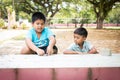 little boy play toy car in the green park Royalty Free Stock Photo