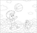 Little boy playing a ball with a merry puppy Royalty Free Stock Photo