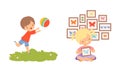 Little Boy Playing Ball Running on Meadow and Girl Holding Frame with Butterfly Vector Set Royalty Free Stock Photo