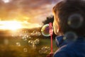Little boy playing with bubble wand blowing soap bubbles in summer sunshine Royalty Free Stock Photo