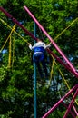 Little boy playing on bungee trampoline Royalty Free Stock Photo