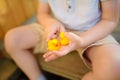 Little boy playing with family of rubber duck Royalty Free Stock Photo