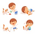 Little Boy Playing and Feeding His Pet Cat Vector Set Royalty Free Stock Photo