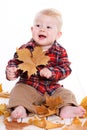 Little boy playing on the floor with maple leaves. Royalty Free Stock Photo