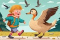 Little boy playing with the goose, cartoon illustration generated by AI Royalty Free Stock Photo