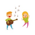 Little boy playing guitar and singing, girl dancing. Cheerful kids having fun together. Flat vector design Royalty Free Stock Photo