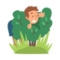 Little Boy Playing Hide and Seek Concealing Behind Bush Vector Illustration