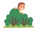 Little Boy Playing Hide and Seek Concealing Behind Bush Vector Illustration