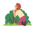 Little Boy Playing Hide and Seek Concealing Behind Bush Vector Illustration