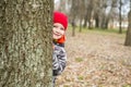 Little boy is playing hide and seek outdoors. Little boy hiding behind a tree trunk in a park Royalty Free Stock Photo