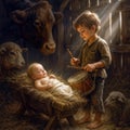 Little Boy Playing His Drum for a Baby In Barn Manger Royalty Free Stock Photo
