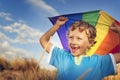 Little Boy Playing Kite Fun Happiness Enjoyment Outdoors Concept Royalty Free Stock Photo