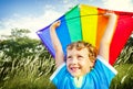 Little Boy Playing Kite Park Windy Conceptbonding, boy, carefree Royalty Free Stock Photo