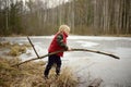 Little boy playing large branch on shore of forest lake on early spring day. Surface of lake is still under ice. Child tries to Royalty Free Stock Photo