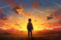 Little boy playing with paper planes in the sky at sunset. 3D rendering, the boy plays paper airplanes and looking at planes Royalty Free Stock Photo