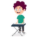 little boy playing piano, young pianist on performance, cartoon vector illustration on white background Royalty Free Stock Photo