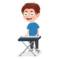 little boy playing piano, young pianist on performance, cartoon vector illustration on white background Royalty Free Stock Photo