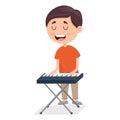 little boy playing piano, young pianist on performance, cartoon vector illustration on white background Royalty Free Stock Photo