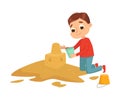 Little Boy Playing on Pile of Sand, Kid Building Sand Castle on Playground Cartoon Style Vector Illustration Royalty Free Stock Photo