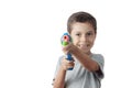 Little boy playing with plastic water gun Royalty Free Stock Photo