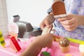 Little boy playing pretend as a saler in icecream shop store Royalty Free Stock Photo