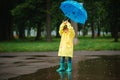 Little boy playing in rainy summer park. Child with umbrella, waterproof coat and boots jumping in puddle and mud in the rain. Kid Royalty Free Stock Photo