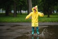 Little boy playing in rainy summer park. Child with umbrella, waterproof coat and boots jumping in puddle and mud in the rain. Kid