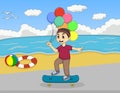 Little boy playing skate board on the beach cartoon Royalty Free Stock Photo