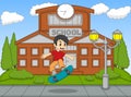 Little boy playing skateboard on the school cartoon vector illustration