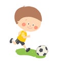 Little boy playing soccer. Child kicking football. Cute happy kid playing with a ball. Cartoon vector eps 10