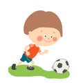 Little boy playing soccer on the football field. Child kicking football. Cute happy kid playing with a ball. Cartoon