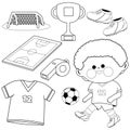 Little boy playing soccer. Vector black and white coloring page Royalty Free Stock Photo