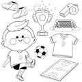 Little boy playing soccer. Vector black and white coloring page Royalty Free Stock Photo