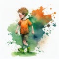 Little boy playing soccer in watercolor style. AI Generated Royalty Free Stock Photo